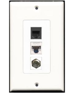 RiteAV - 1 Port Coax Cable TV- F-Type 1 Phone RJ11 RJ12 Black 1 Cat5e Ethernet White Decorative Wall Plate