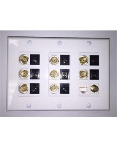 White Triple Gang Wall Plate 8-2.1mm Power 8- BNC 1- RJ45 Cat5 1- Coax Certicable
